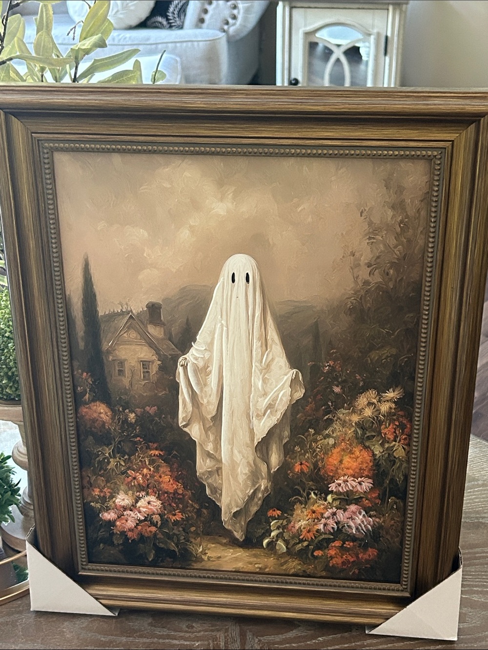 NEW! Large Vintage Inspired Metallic Gold Framed Ghost in Garden Oil-Style Art